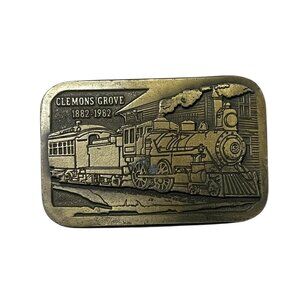 Vintage Clemons Grove Belt Buckle Train 1882-1982 Brass Rectangle Hit Line USA T